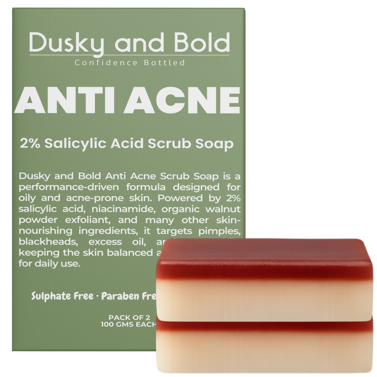 Dusky and Bold Anti Acne Soap with 2% Salicylic Acid & Scrub Treatment for Body and Face | Controls Excess Sebum | Exfoliates Dead Skin Cells and Dark Spots | Soap Bar for Men and Women | Pack of 2