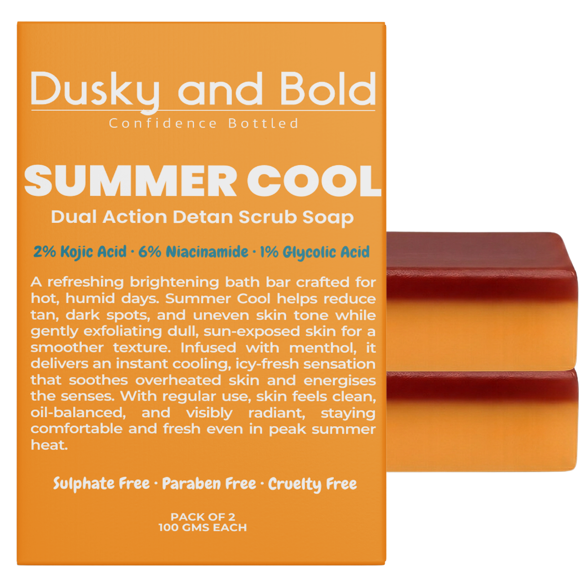 Dusky and Bold 2% Kojic Acid Detan Scrub Soap with 6% Niacinamide & 1% Glycolic Acid | Dual Action Exfoliating Brightening Bar for Tan Removal, Dark Spots & Pigmentation | Cooling Menthol | Soap Bar for Men and Women | Pack of 2