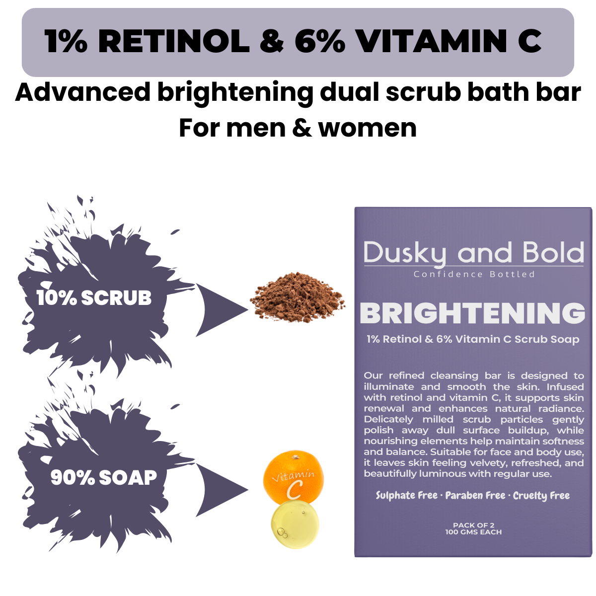 Dusky and BoldBrightening Scrub Soap with 1% Retinol Serum & 6% Vitamin C for Dull and Sun Damaged Skin | Fades Dark Spots & Pigmentation | Exfoliate Dead Skin | Collagen Boost | For Men and Women | Pack of 2