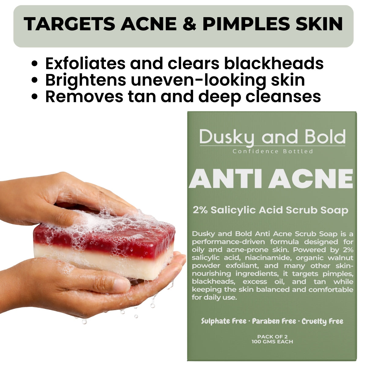 Dusky and Bold Anti Acne Soap with 2% Salicylic Acid & Scrub Treatment for Body and Face | Controls Excess Sebum | Exfoliates Dead Skin Cells and Dark Spots | Soap Bar for Men and Women | Pack of 2