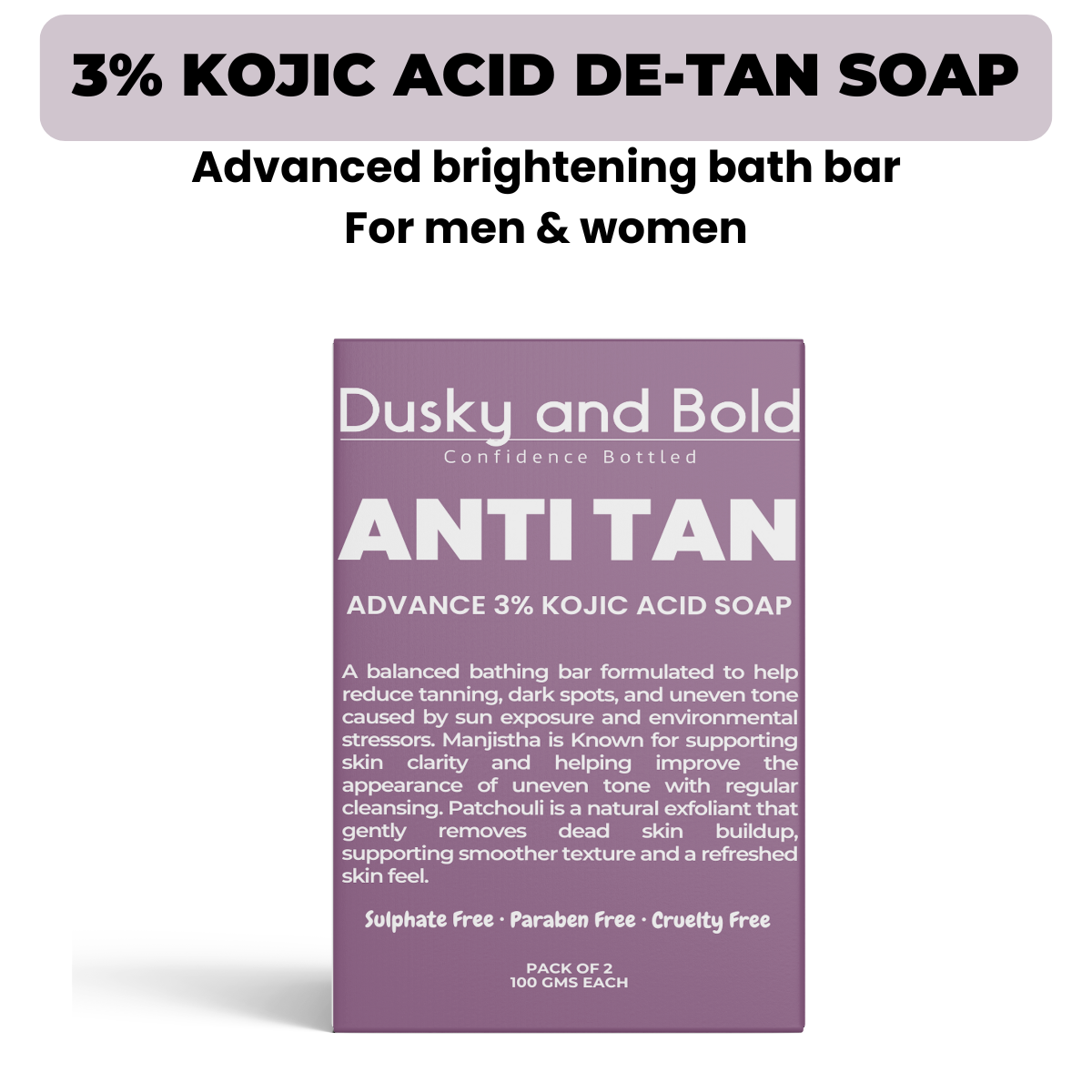 Dusky and Bold Tan Removal Soap with 3% Kojic Acid for Dark Spots, Pigmentation & Uneven Skin Tone | With Manjistha & Goat Milk | Detan & Skin Brightening Bath Bar | Pack of 2