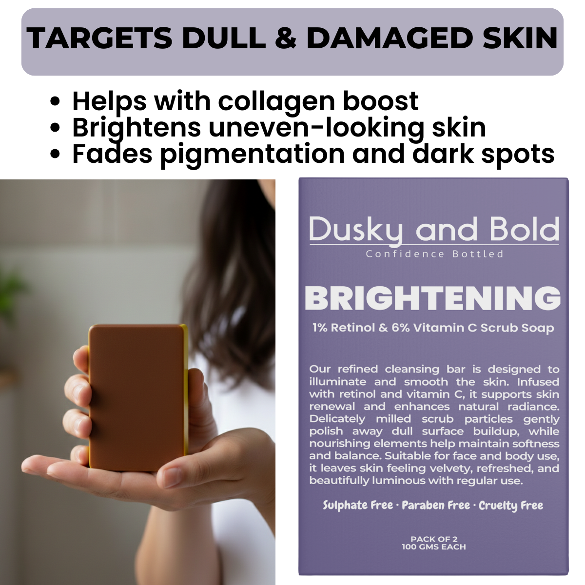 Dusky and BoldBrightening Scrub Soap with 1% Retinol Serum & 6% Vitamin C for Dull and Sun Damaged Skin | Fades Dark Spots & Pigmentation | Exfoliate Dead Skin | Collagen Boost | For Men and Women | Pack of 2