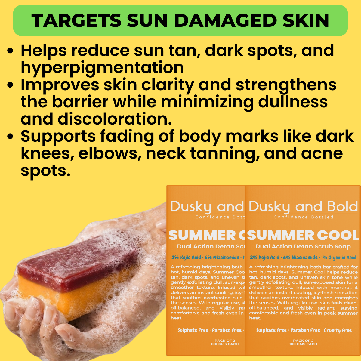 Dusky and Bold 2% Kojic Acid Detan Scrub Soap with 6% Niacinamide & 1% Glycolic Acid | Dual Action Exfoliating Brightening Bar for Tan Removal, Dark Spots & Pigmentation | Cooling Menthol | Soap Bar for Men and Women | Pack of 2