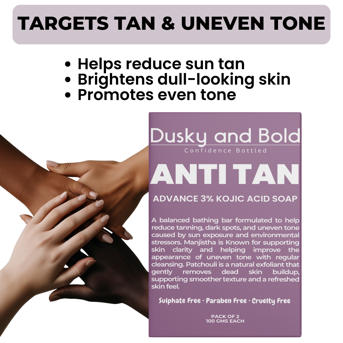 Dusky and Bold Tan Removal Soap with 3% Kojic Acid for Dark Spots, Pigmentation & Uneven Skin Tone | With Manjistha & Goat Milk | Detan & Skin Brightening Bath Bar | Pack of 2