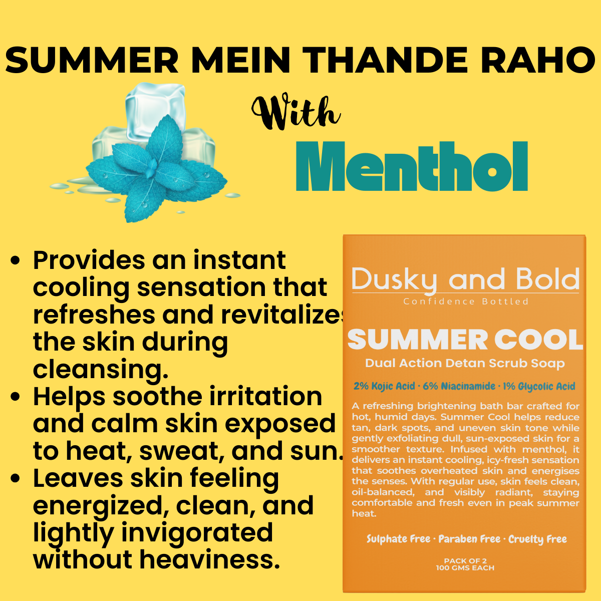 Dusky and Bold 2% Kojic Acid Detan Scrub Soap with 6% Niacinamide & 1% Glycolic Acid | Dual Action Exfoliating Brightening Bar for Tan Removal, Dark Spots & Pigmentation | Cooling Menthol | Soap Bar for Men and Women | Pack of 2